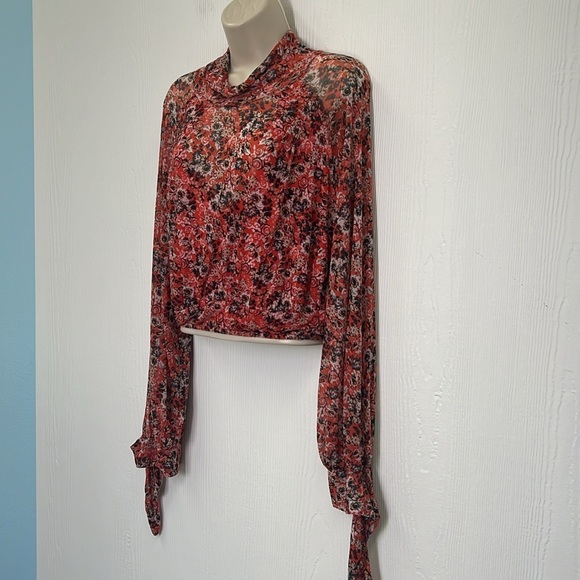Free People - All Dolled Up Red Floral Print Mesh Long Sleeve  Top Size … - Picture 8 of 15